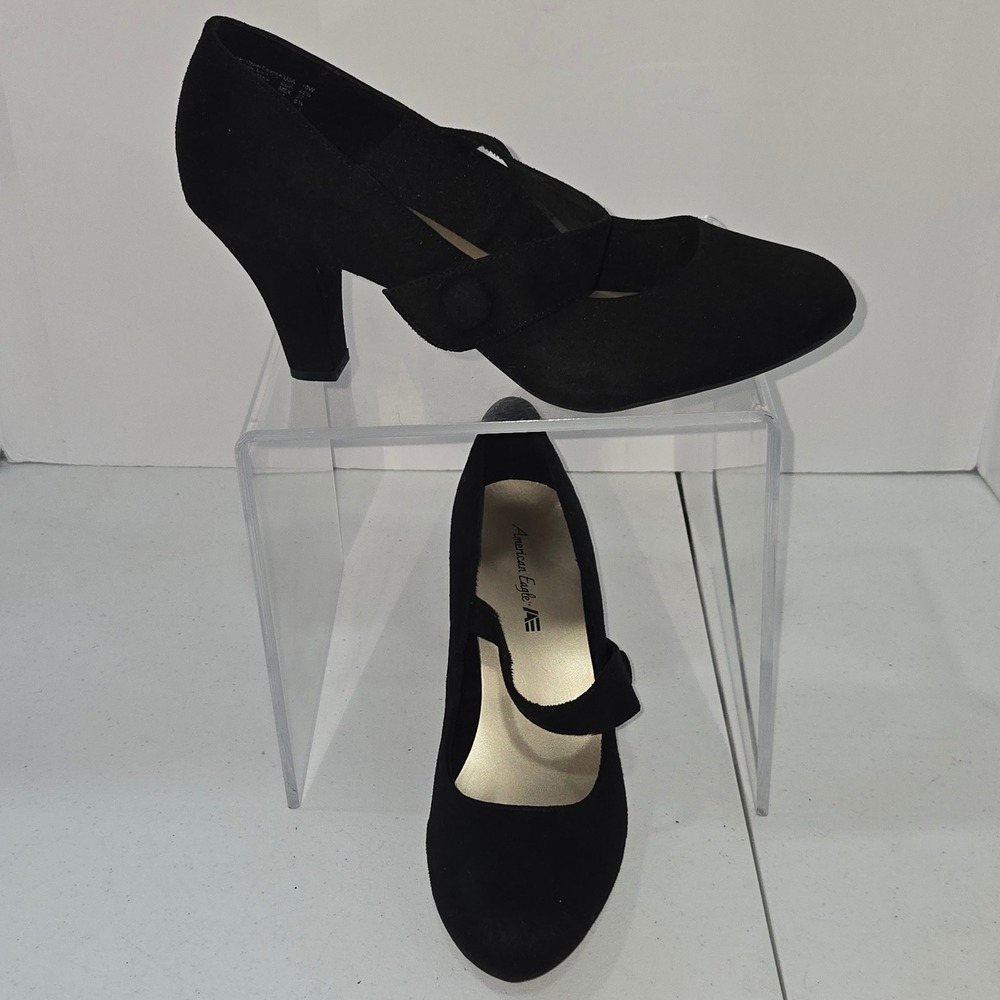 American Eagle Womens Black Mary Jane Heels Size 10W Wide Block Heel 153786